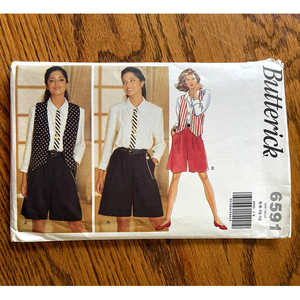 UNCUT Vintage 1990s Butterick 6591 Sewing Pattern XXS-SM 6-12 Vest Jumpsuit Tie